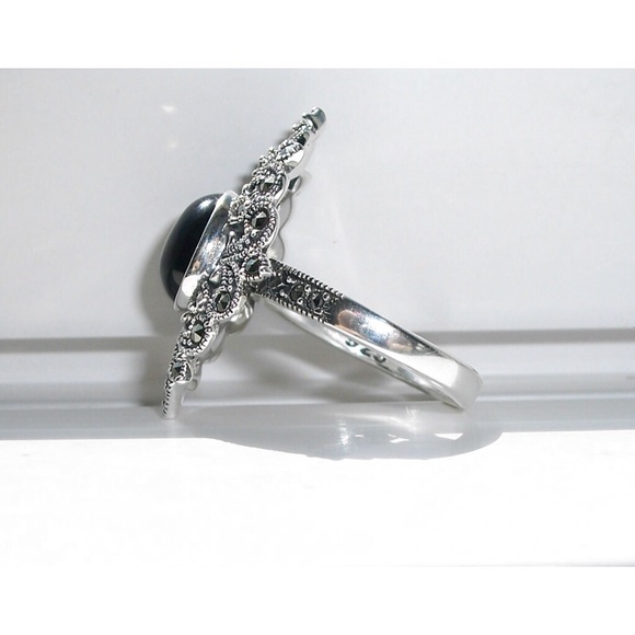 925 STERLING SILVER Black Onyx Marcasite Ring - Picture 9 of 15